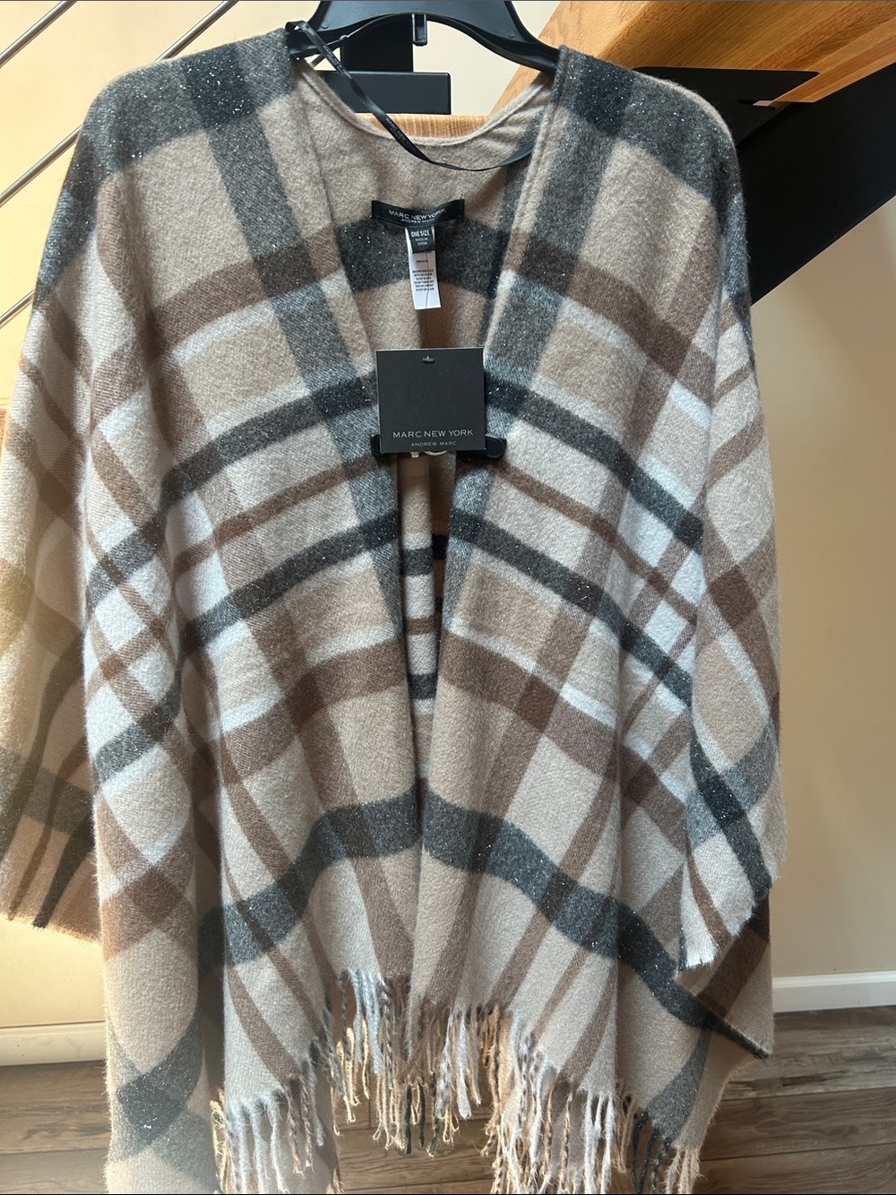 Marc New York Plaid Fringe Poncho - Beige, Brown, Gray